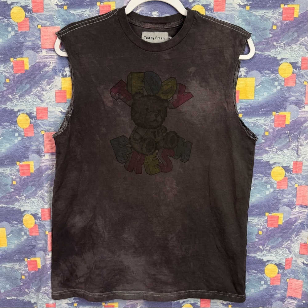 Upcycled Teddy Fresh Black Hand Dyed Bear Graphic Cut Off Sleeve Muscle Tank Top